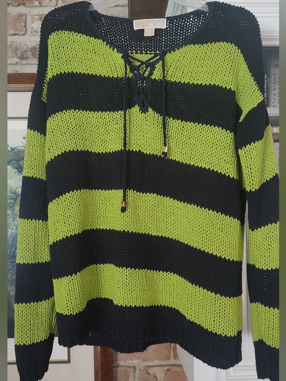 Michael Kors Lime Green and Navy Striped Lace-Up Sweater Size M